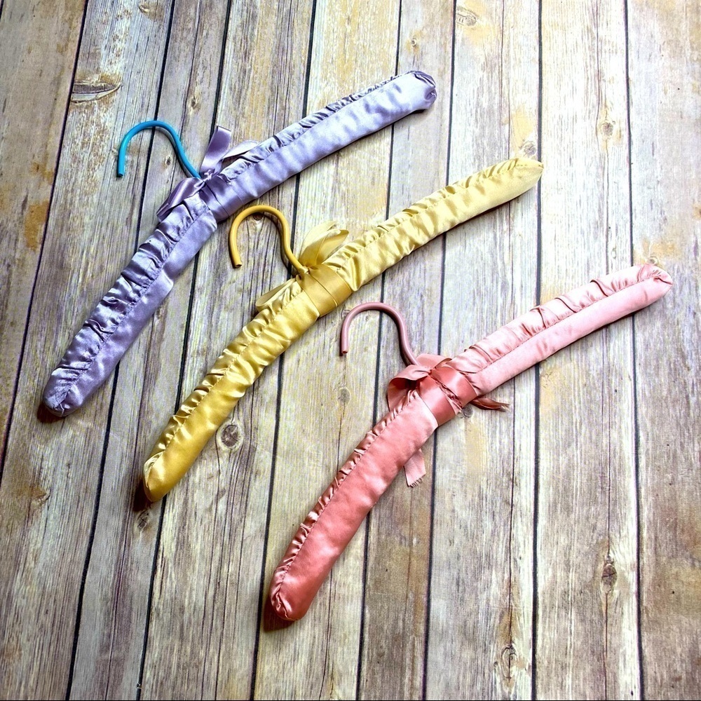3 Vintage Soft Cushioned Satin Hangers 60s 70s Vintage Pink Purple Yellow Retro